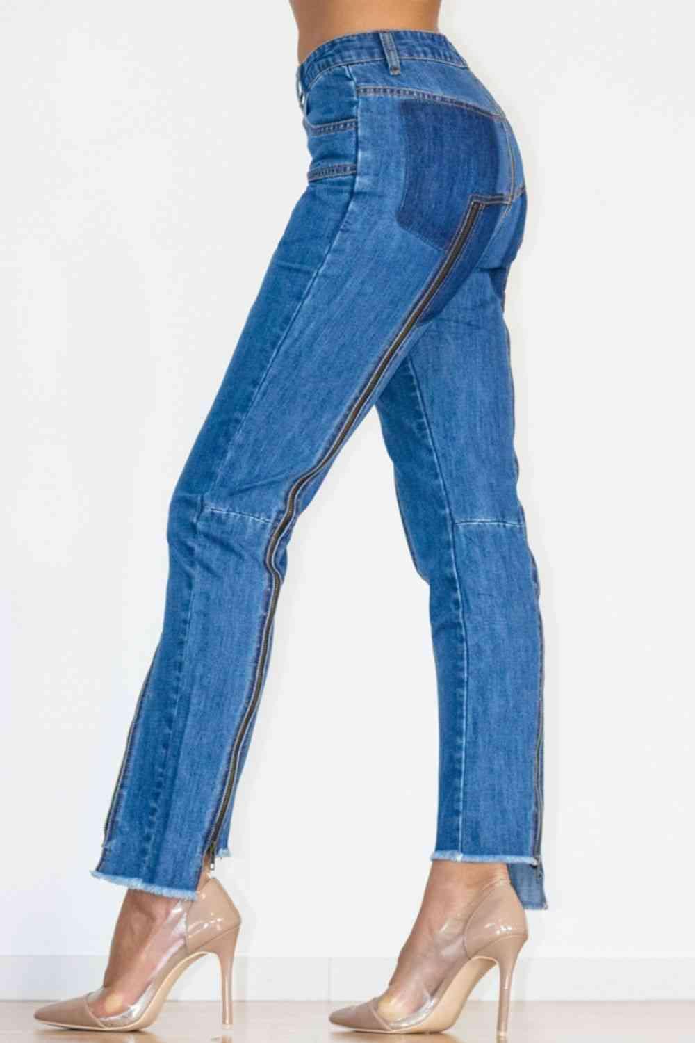 Zip Detail Slit Long Jeans - Immenzive