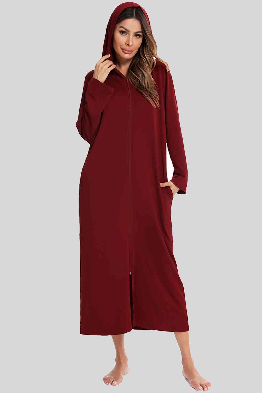Zip Front Hooded Night Dress with Pockets - Immenzive