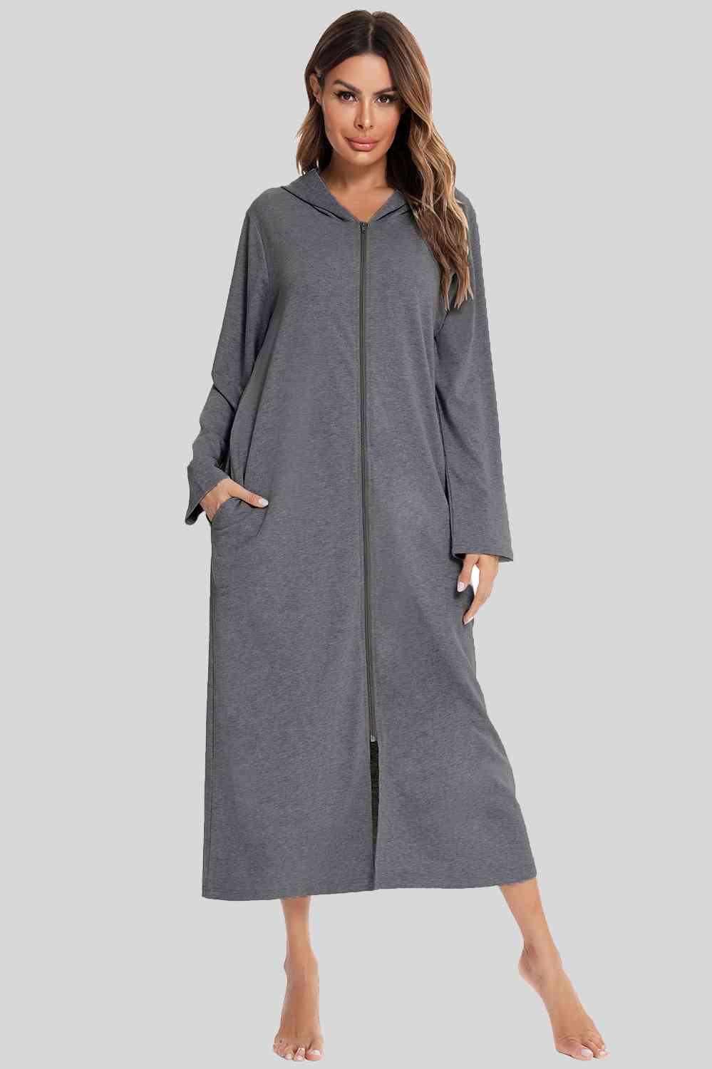 Zip Front Hooded Night Dress with Pockets - Immenzive