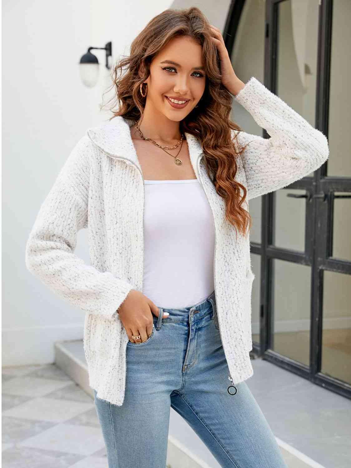 Zip-Up Collared Cardigan with Pockets - Immenzive