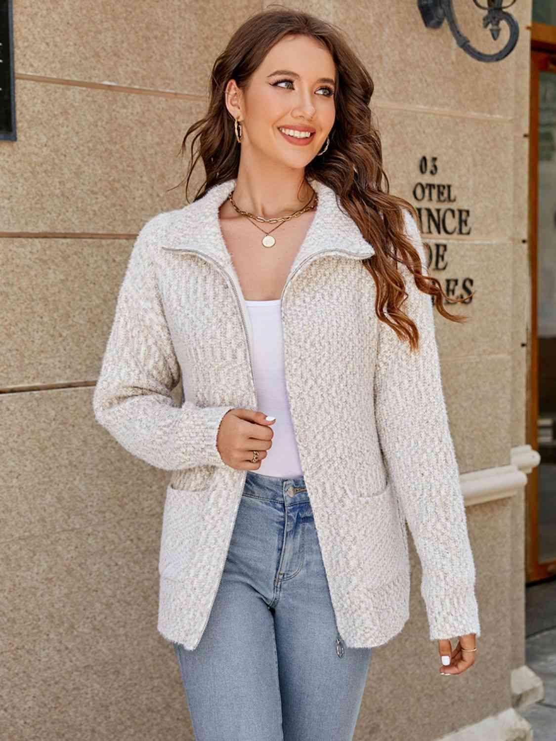 Zip-Up Collared Cardigan with Pockets - Immenzive