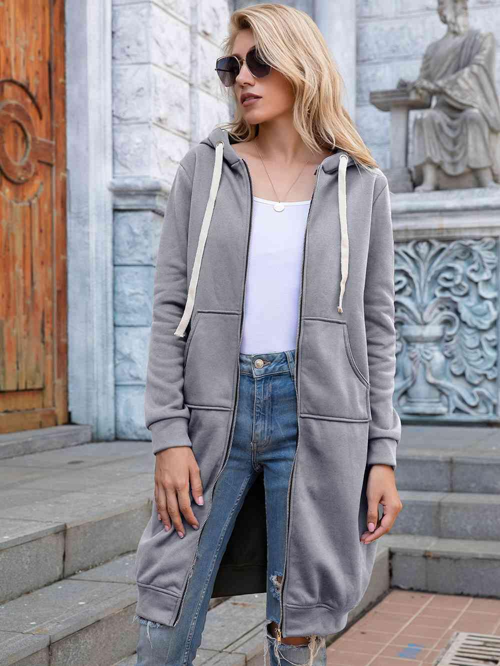 Zip-Up Longline Hoodie with Pockets - Immenzive