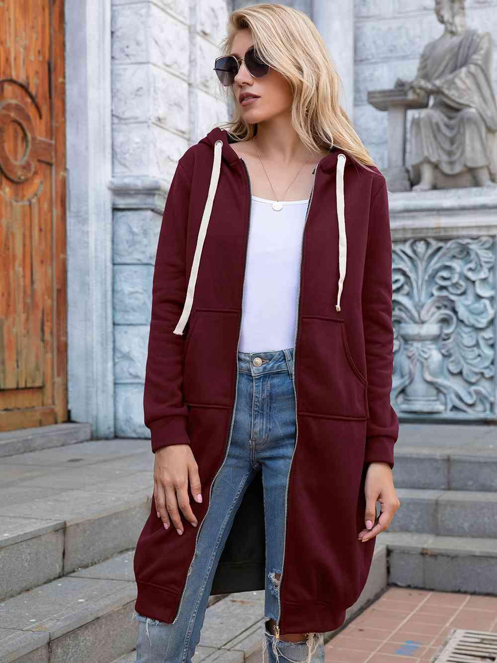 Zip-Up Longline Hoodie with Pockets - Immenzive