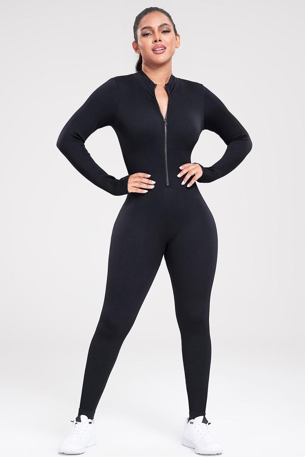 Zip Up Ribbed Long Sleeve Skinny Active Jumpsuit - Immenzive