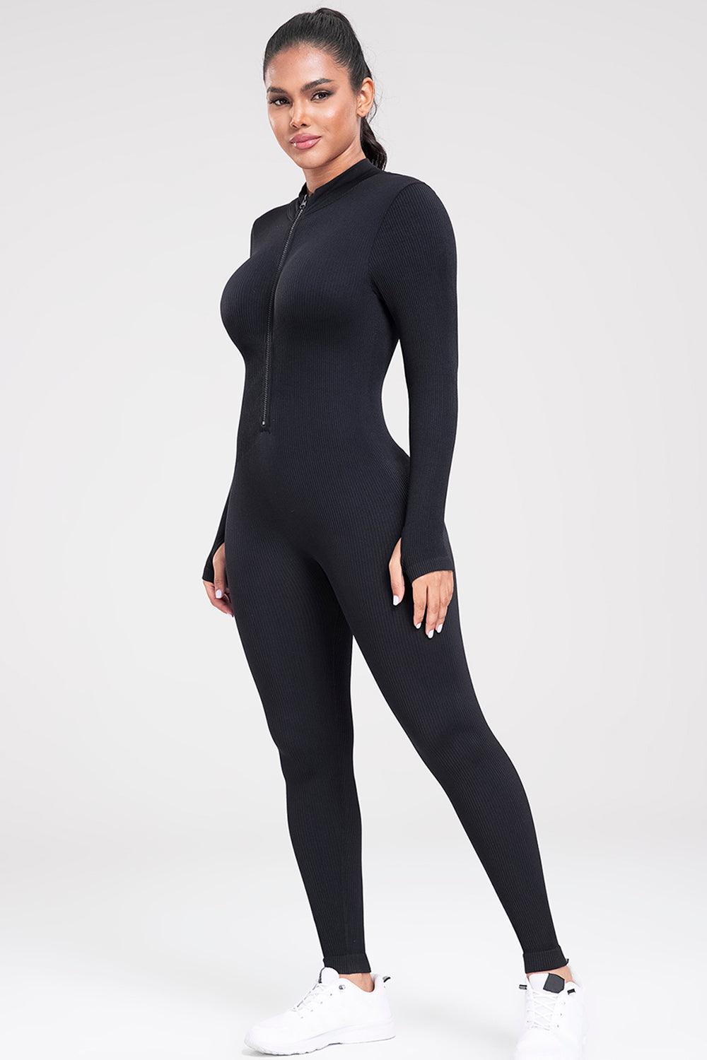 Zip Up Ribbed Long Sleeve Skinny Active Jumpsuit - Immenzive